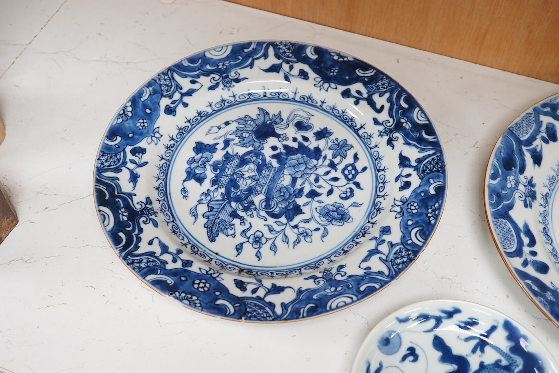 Two Chinese blue and white export plates-and a small dish, 23cm diameter